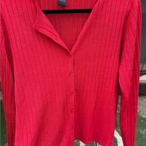 august silk Red Ribbed Button-Front Cardigan
